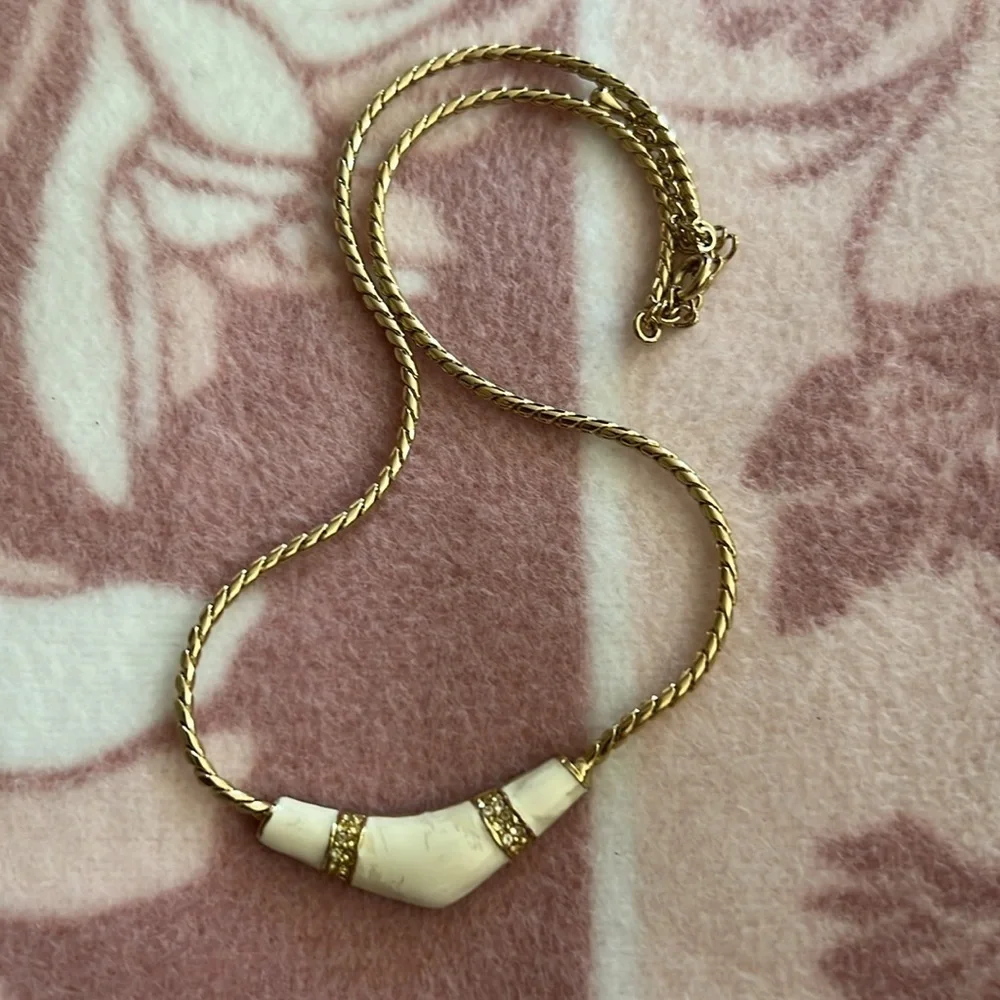 Vintage Gold Rope Chain Necklace with Ivory Enamel & Rhinestone Accents
